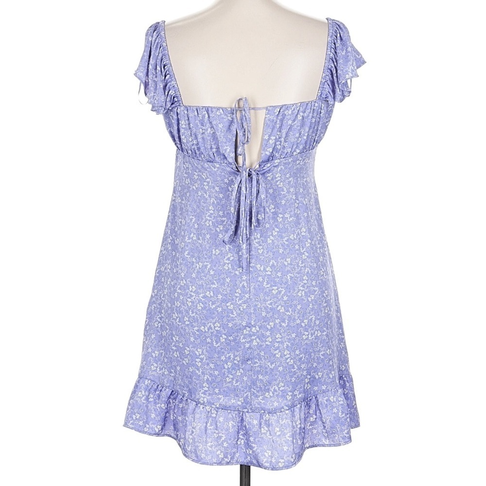 Zara Purple Floral Babydoll Mini Dress Satin Ruffle Sleeve Square Neck Large - Picture 3 of 5